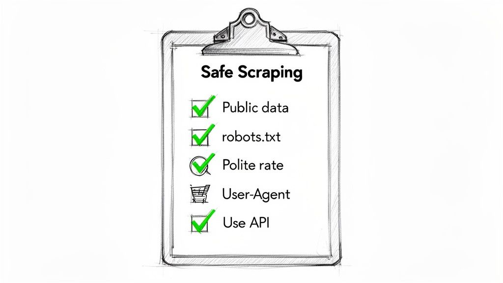 A checklist on a clipboard titled 'Safe Scraping' with best practices for web scraping.