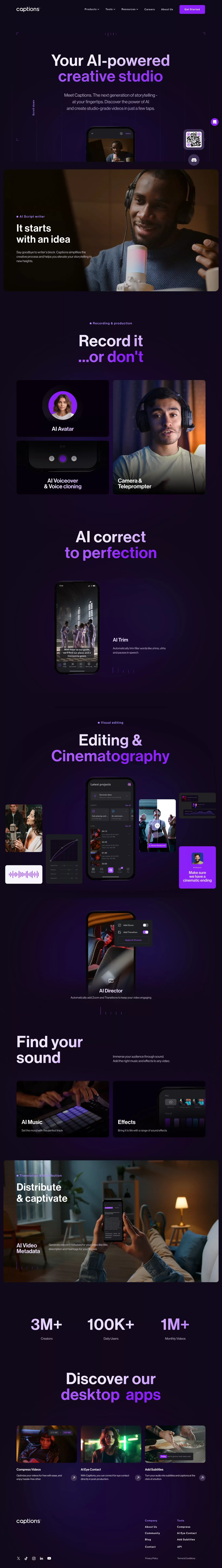 Captions landing page screenshot showcasing Design and Tech design