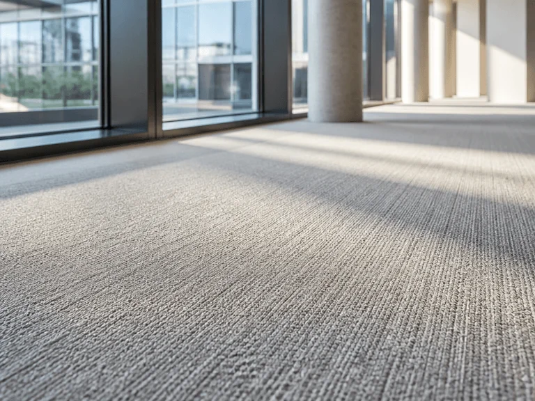 Perspektive aus Bodennähe auf einen frisch gereinigten, hellgrau strukturierten Teppichboden in einem modernen Bürogebäude mit großen Fenstern und Betonpfeilern