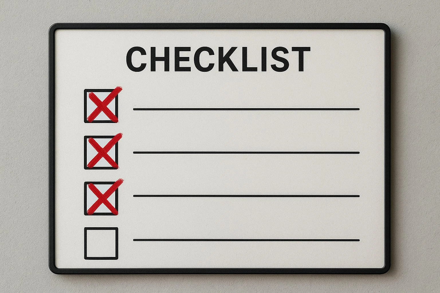 Checklist board showing several mistakes marked with red icons.
