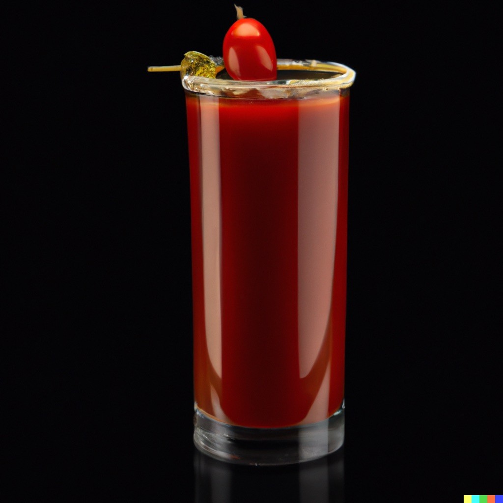 A tall glass of vibrant red tomato juice garnished with a skewer holding a cherry tomato and a green olive, set against a black background.