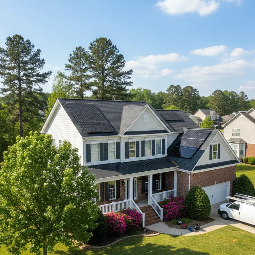 Georgia suburban home with solar panels on the roof