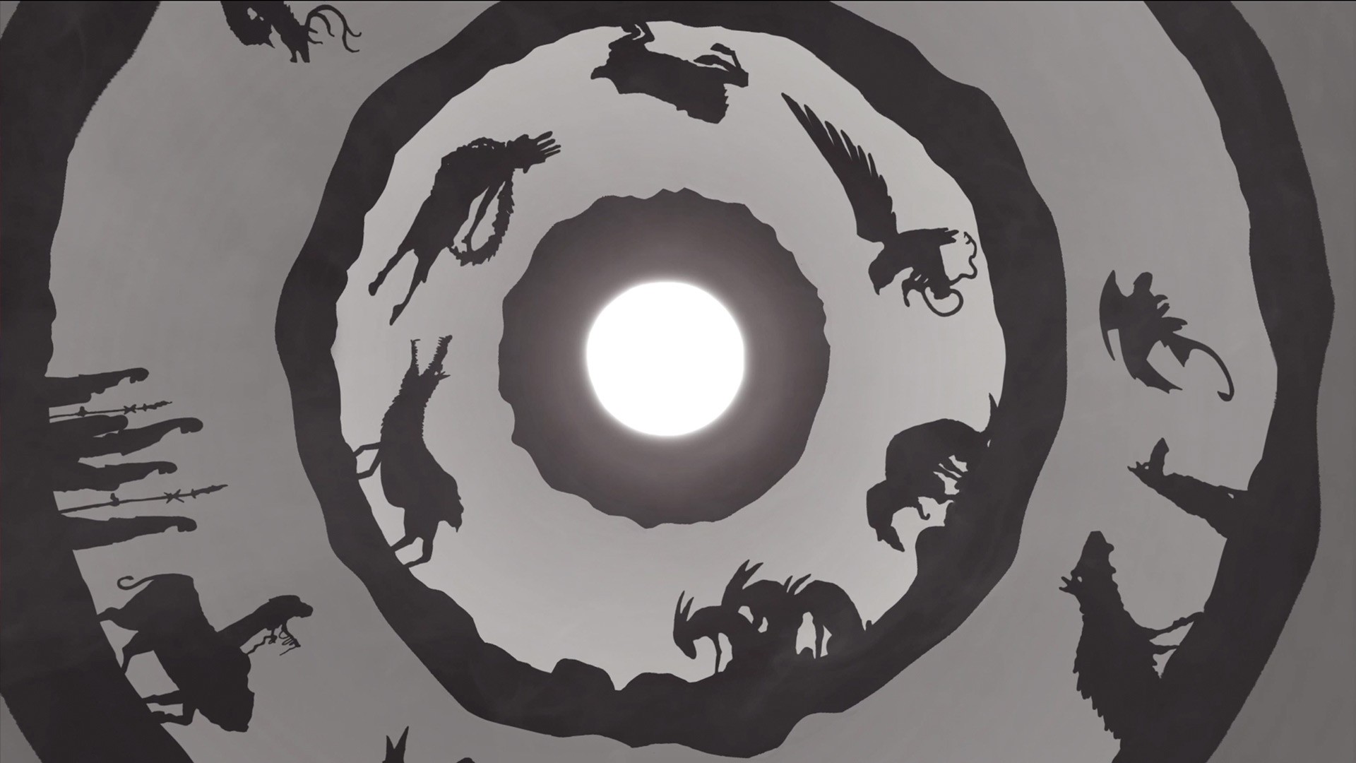 A circular frame in black outlines contains a bright white circle at its center. Inside the circle are black silhouettes of stylized animals, including a bird-like creature, a four-legged animal, a four-legged animal with horns, and a four-legged animal with a tail. The animals are positioned around the circle, some facing inward and others outward. The background is a light gray.
