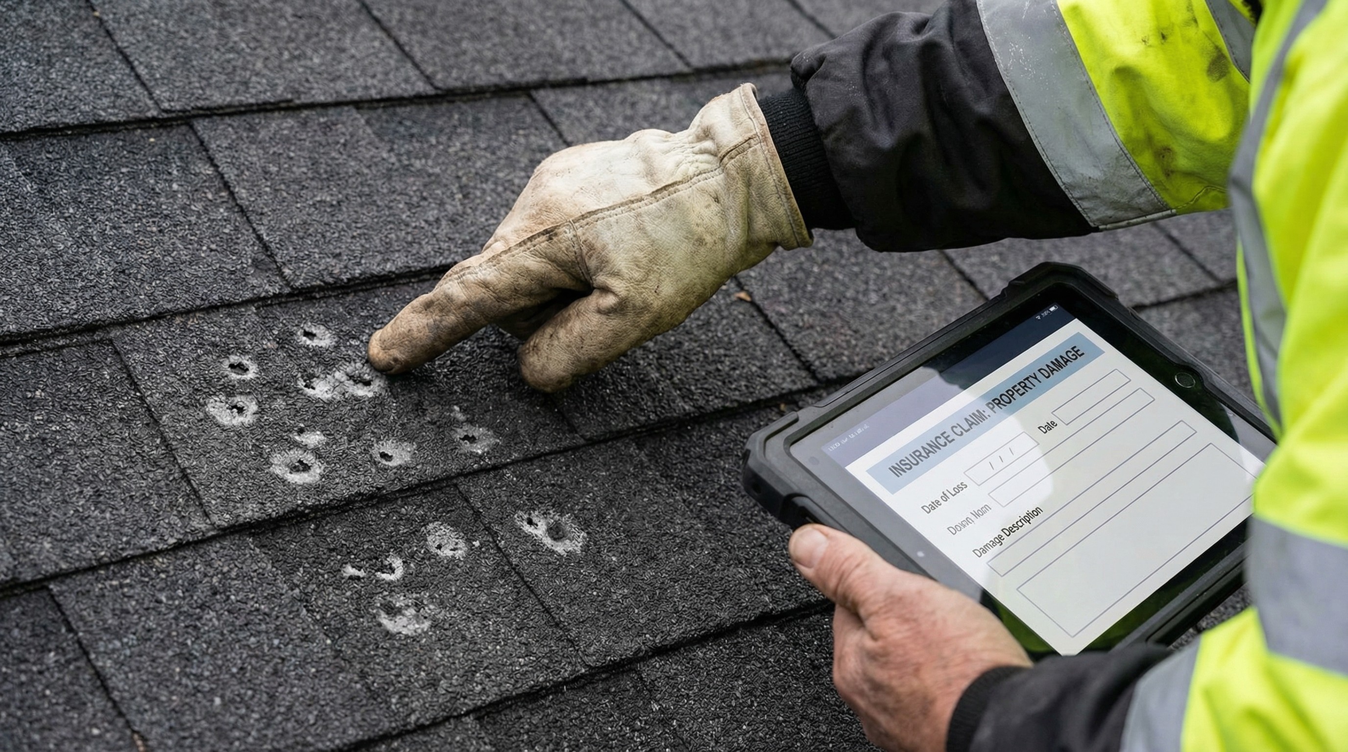 A suburban neighborhood after a storm with various temporary contractor signs on lawns.