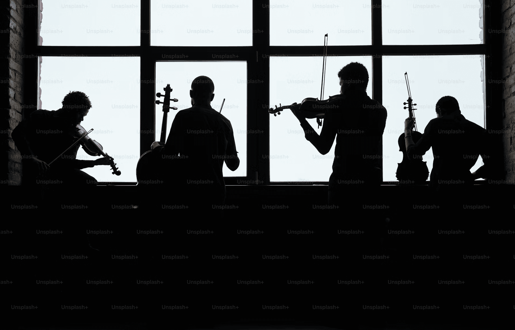 Orchestra in silhouetted motion