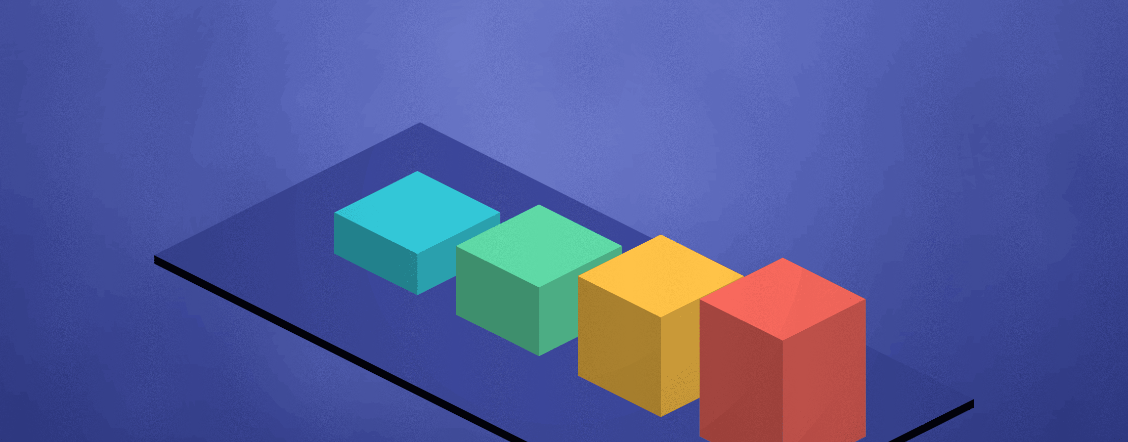 Flat-3D isometric chart of four ascending extruded bars in aqua, mint, marigold, and coral rising on a small platform, the tallest coral bar capped with a heart, on a textured periwinkle field — where internal healthcare video pays off. Raised Media Co.