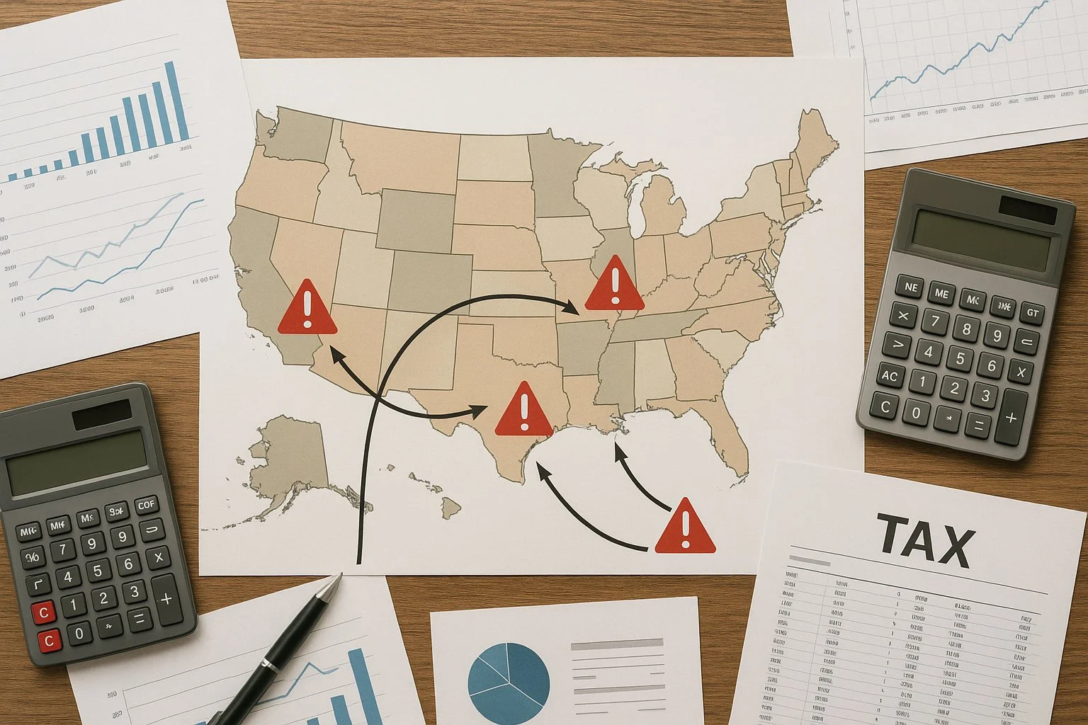 Overhead view of a workspace showing a U.S. map, charts, calculators, and documents, with arrows connecting business owners to states and red warning symbols highlighting potential double taxation from PTE elections.