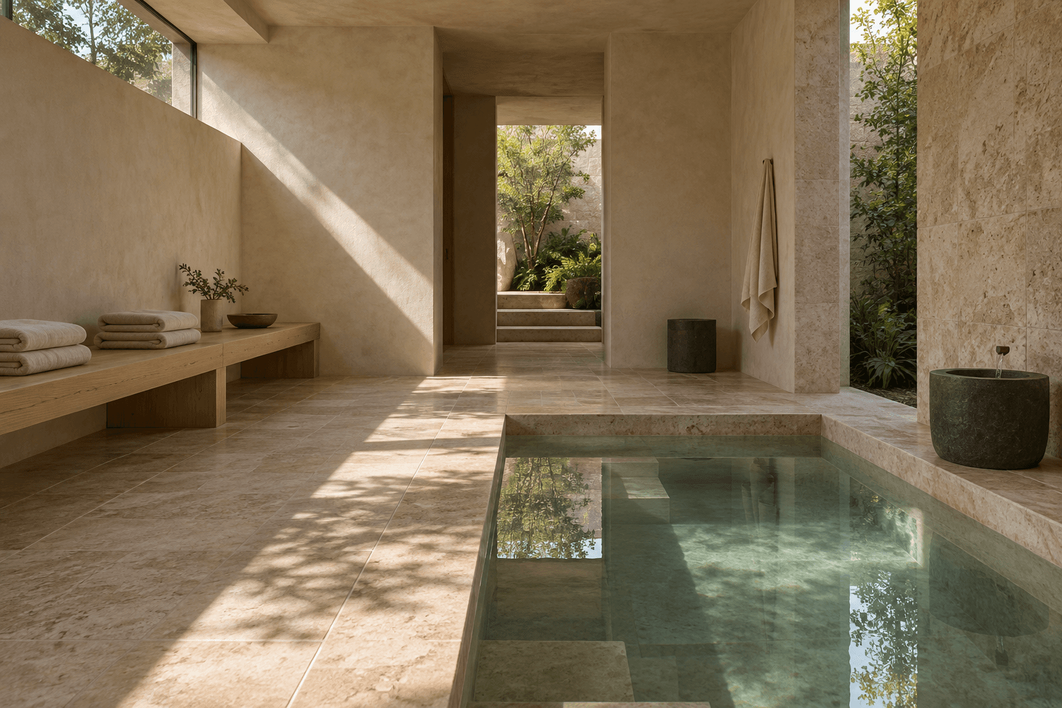 Stone plunge pool, timber bench and a calm planted threshold