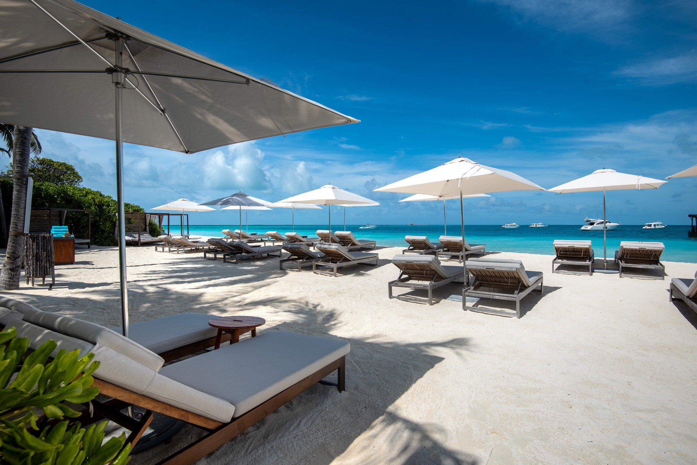 White beach umbrellas and lounge chairs line a white sand beach under a clear blue sky next to turquoise water.