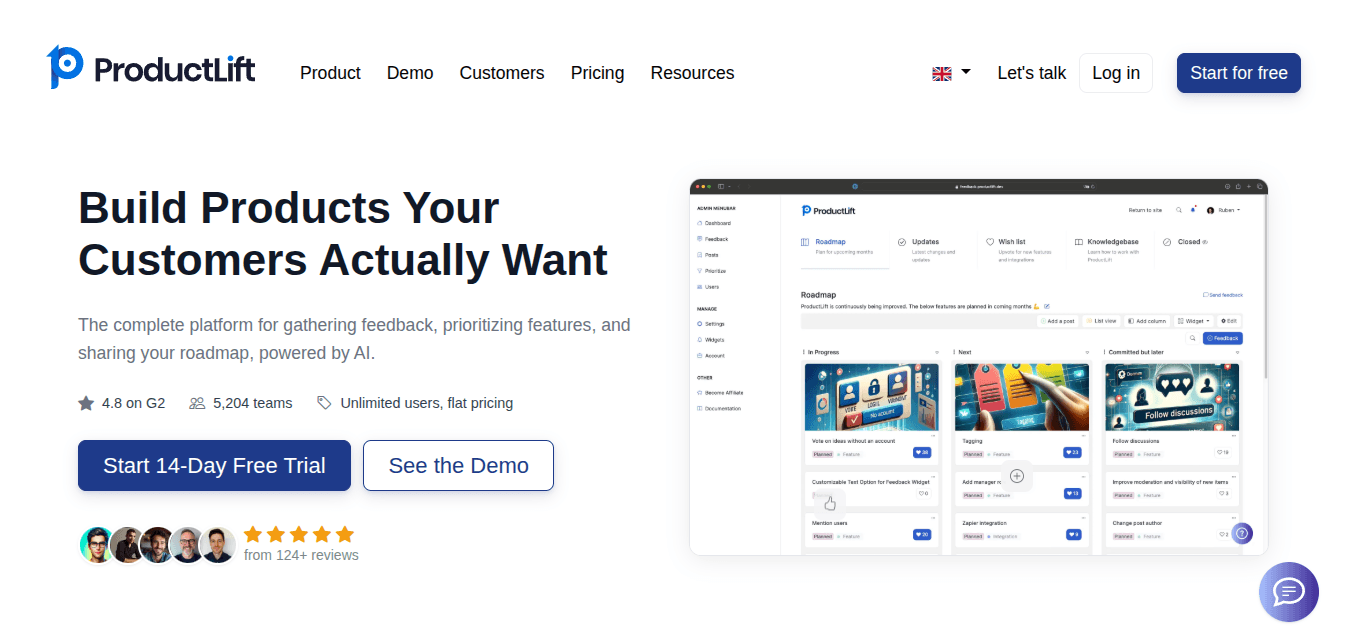 ProductLift homepage showing its feedback, roadmap, and changelog platform