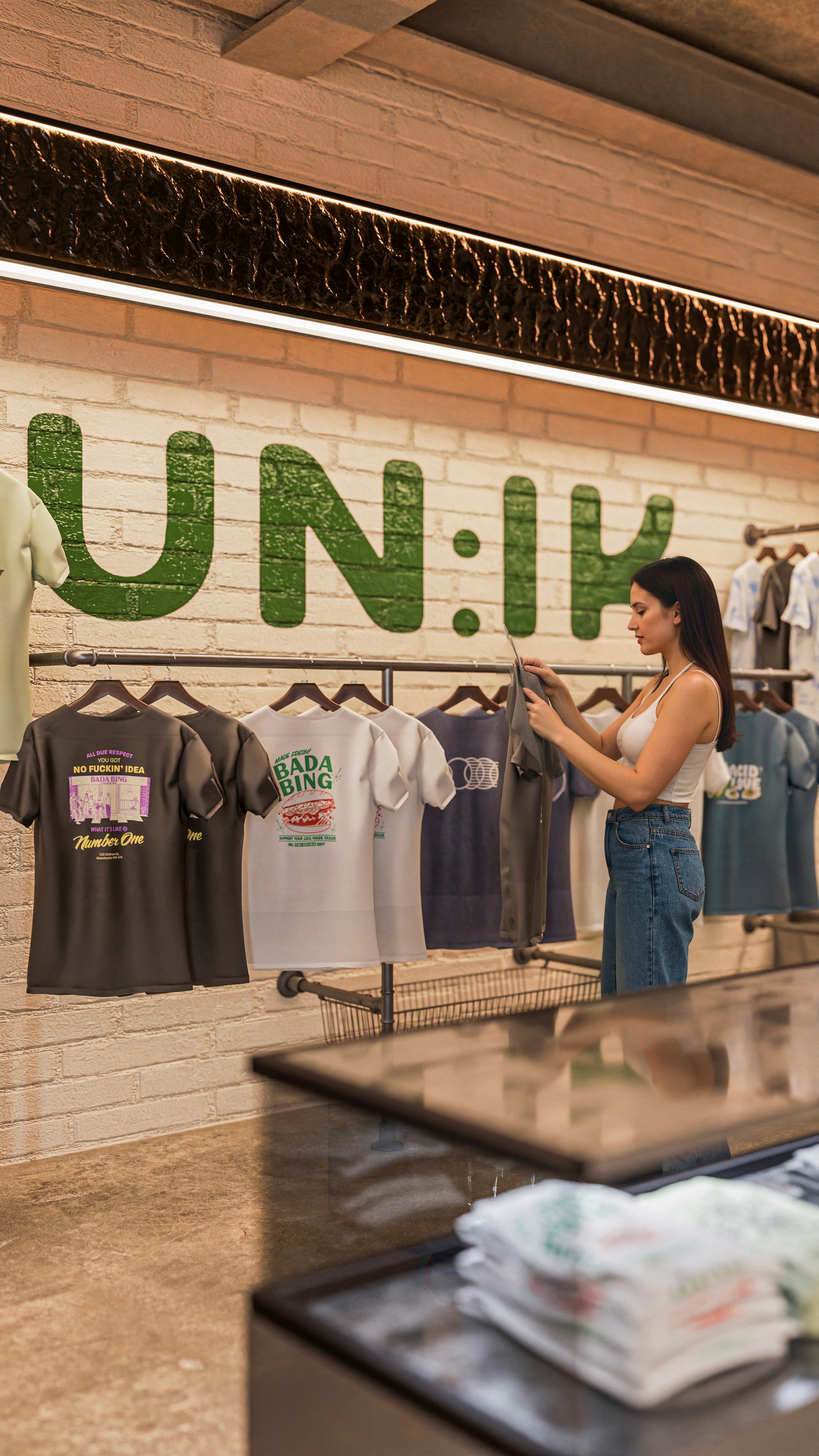 PixelSpaces fashion retail interior design for Bound x Un:ik Manchester concept, gallery-style layout with independent clothing brands disco only, it's a lovely day for a guinness, badda bing and acid love