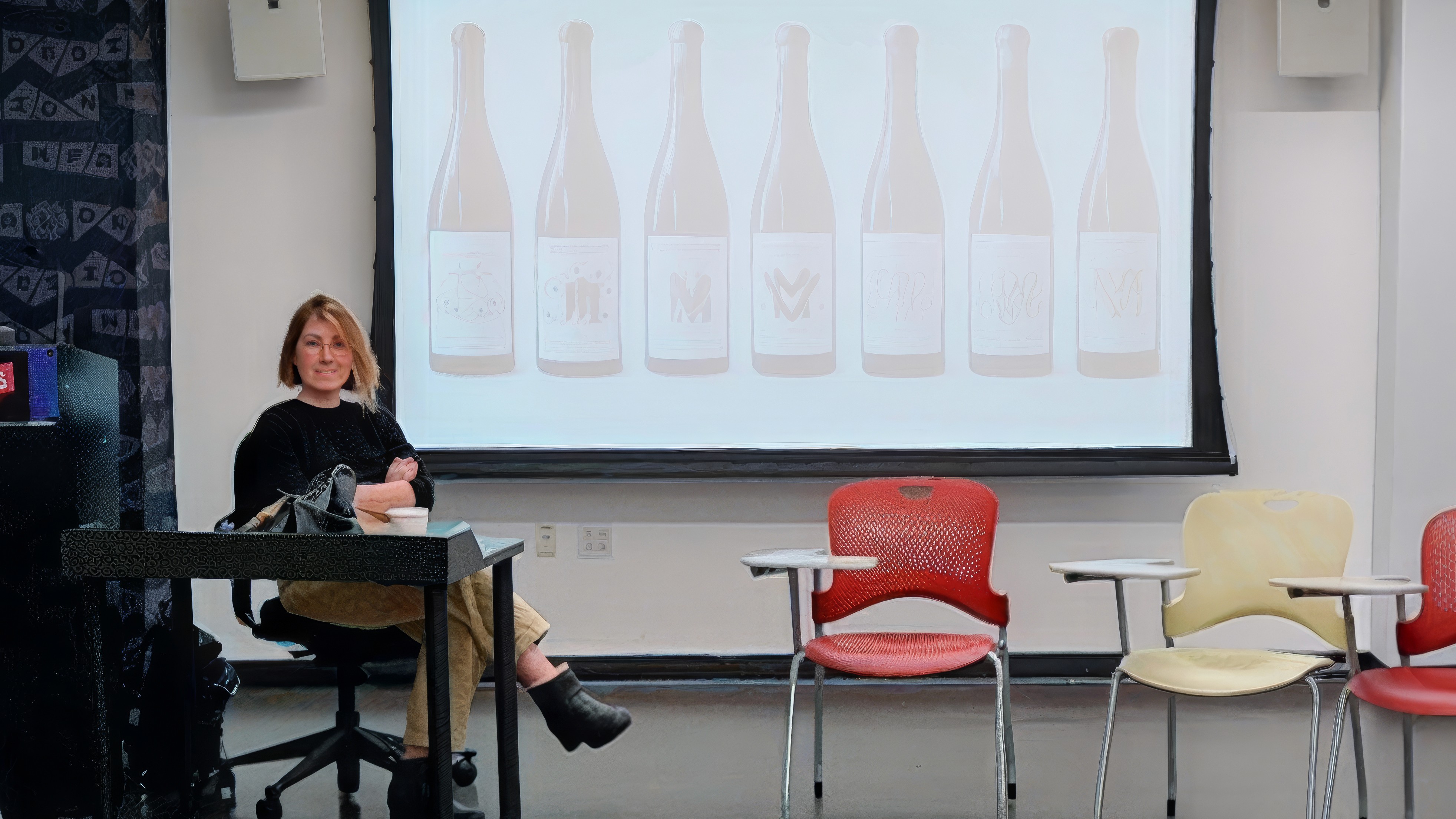 graphic designer Jessica Hische in a chair giving a lecture
