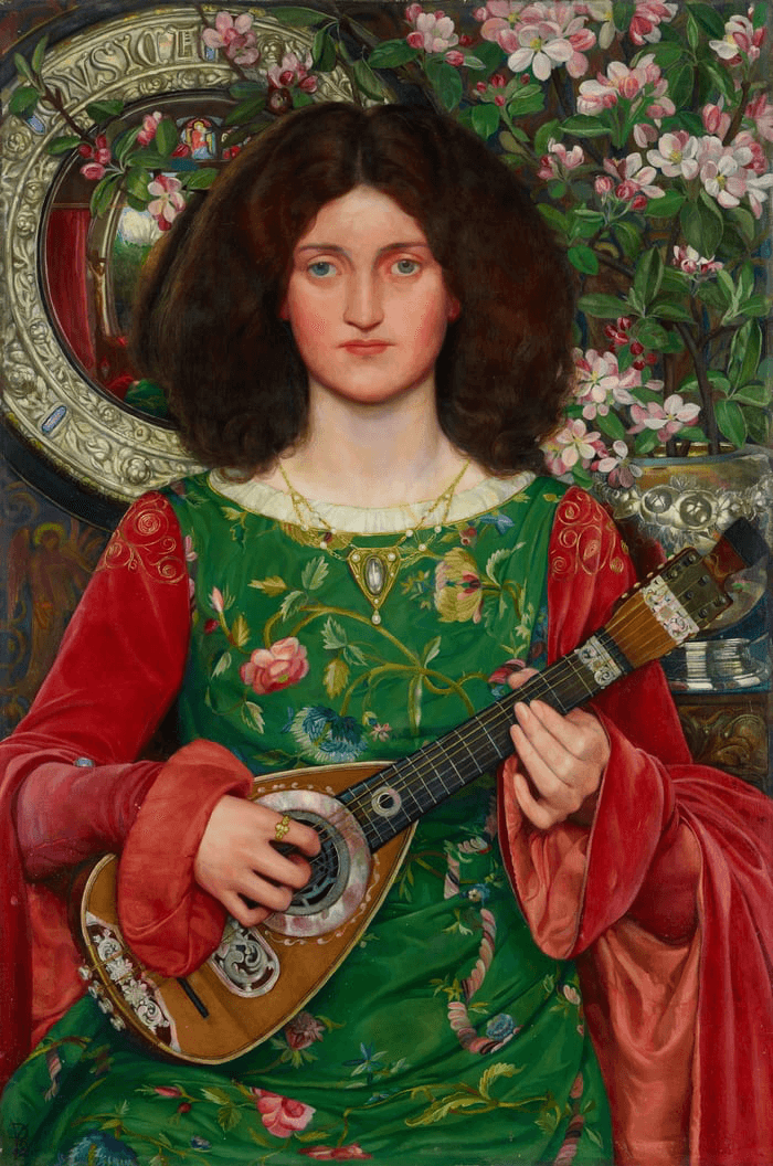 A woman in a vibrant green dress with floral patterns holds a string instrument, surrounded by blossoms.