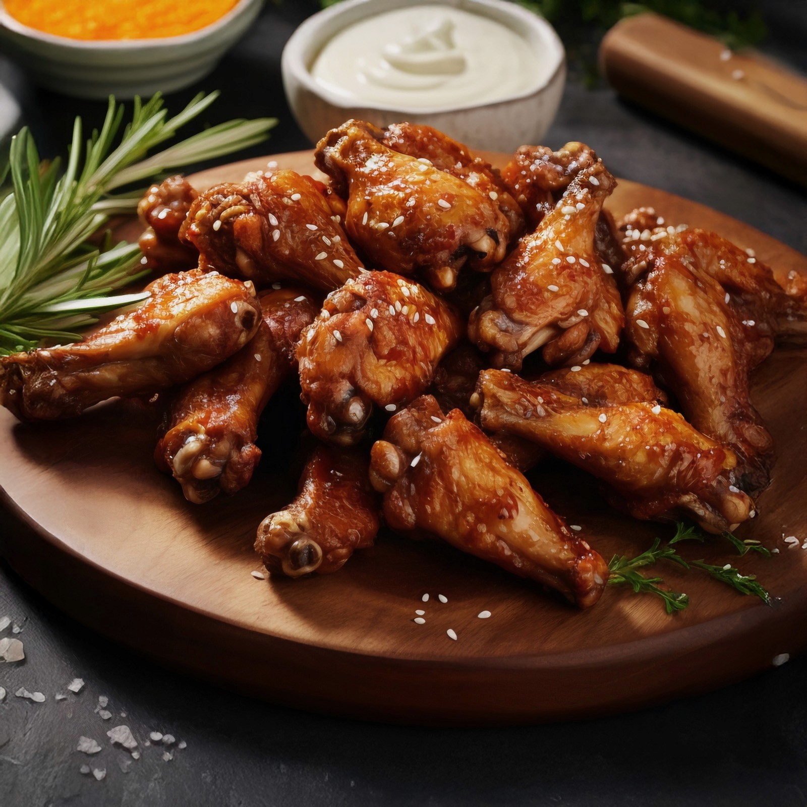 A pile of glazed chicken wings topped with sesame seeds, served on a round wooden board and garnished with rosemary.
