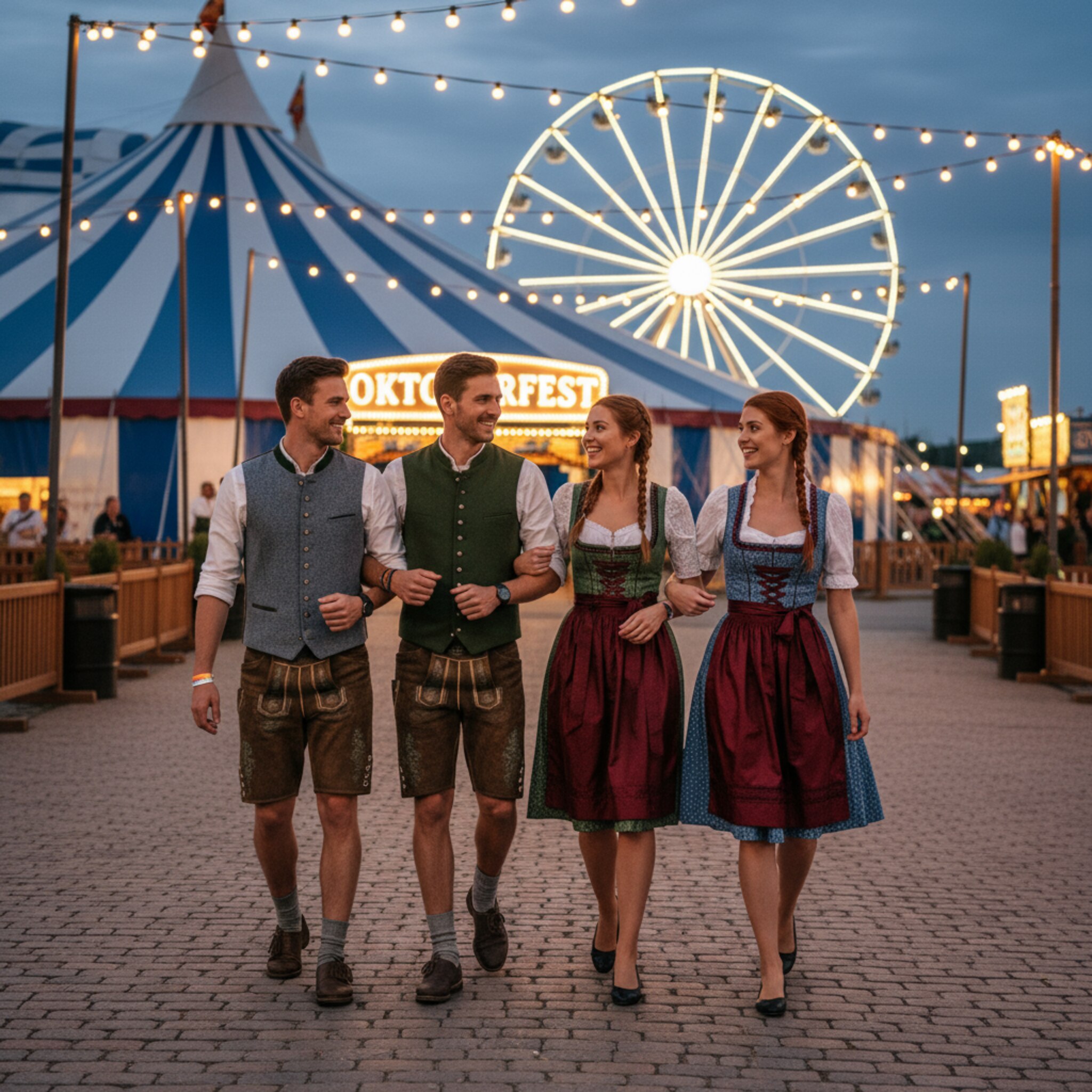 Vor dem Zelt glitzert ein Riesenrad in der Abenddämmerung. Gruppen in Dirndl und Lederhosen lachen, haken sich unter und bewegen sich Richtung Eingang. Papierbändchen rascheln, ein sanfter Wind trägt den Duft von gebrannten Mandeln herüber. Lichterketten zeichnen warme, einladende Bahnen.
