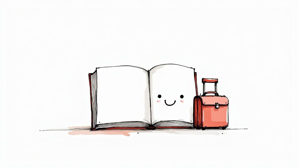 A well-designed welcome book open on a clean wooden table in an Airbnb.