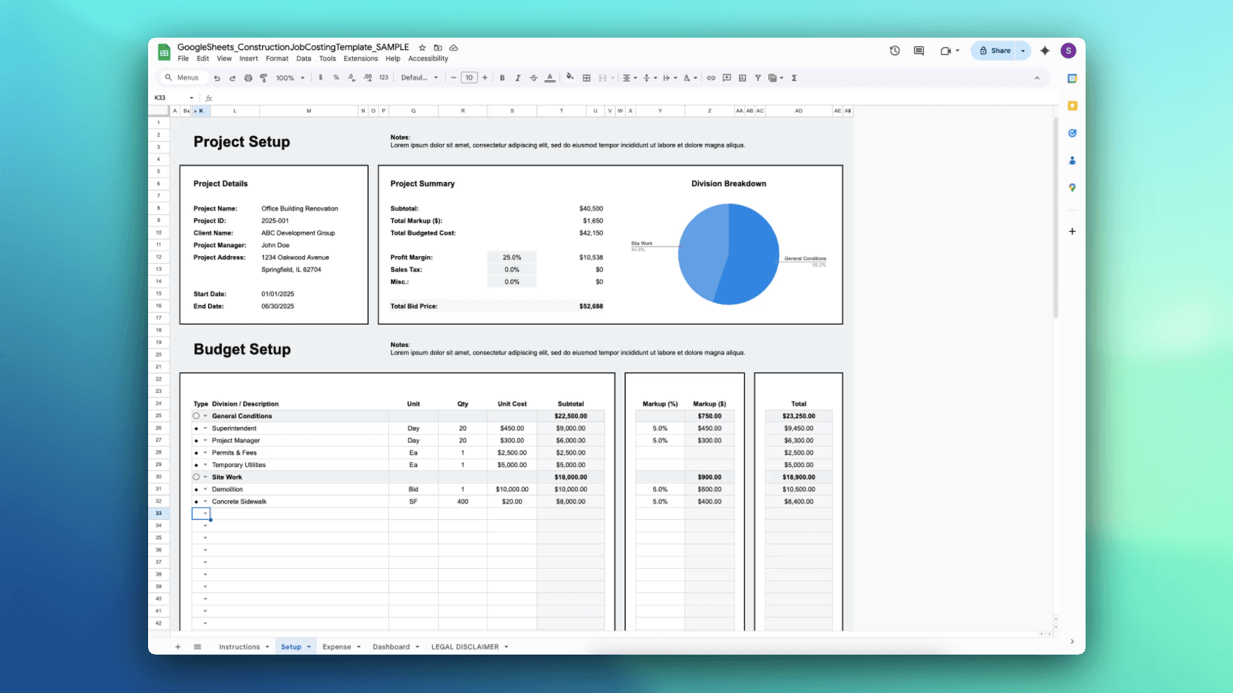 Mighty Template Construction Job Costing Template setup dashboard in Google Sheets – project details, summary with division breakdown pie chart, profit margin, and budget setup table