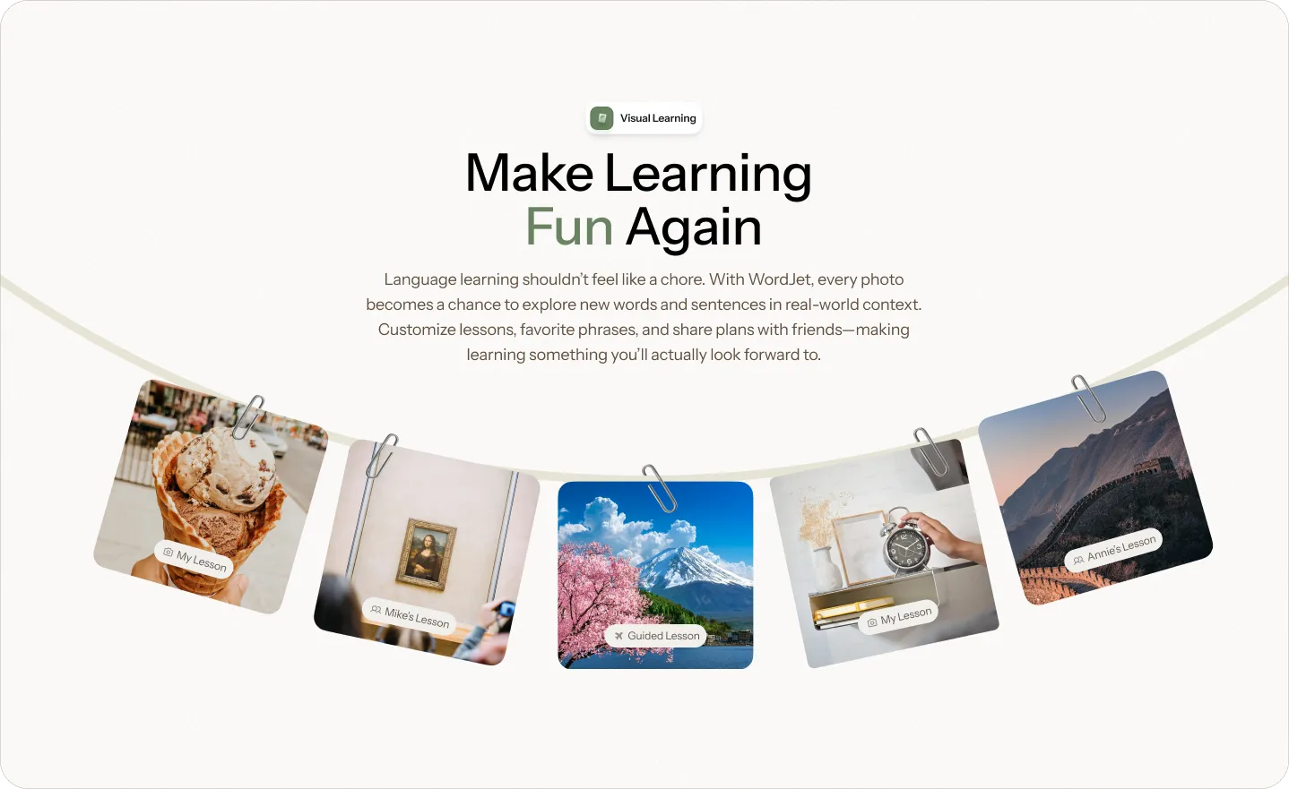 UI design showcasing visual learning and curated lesson themes in an AI language learning app