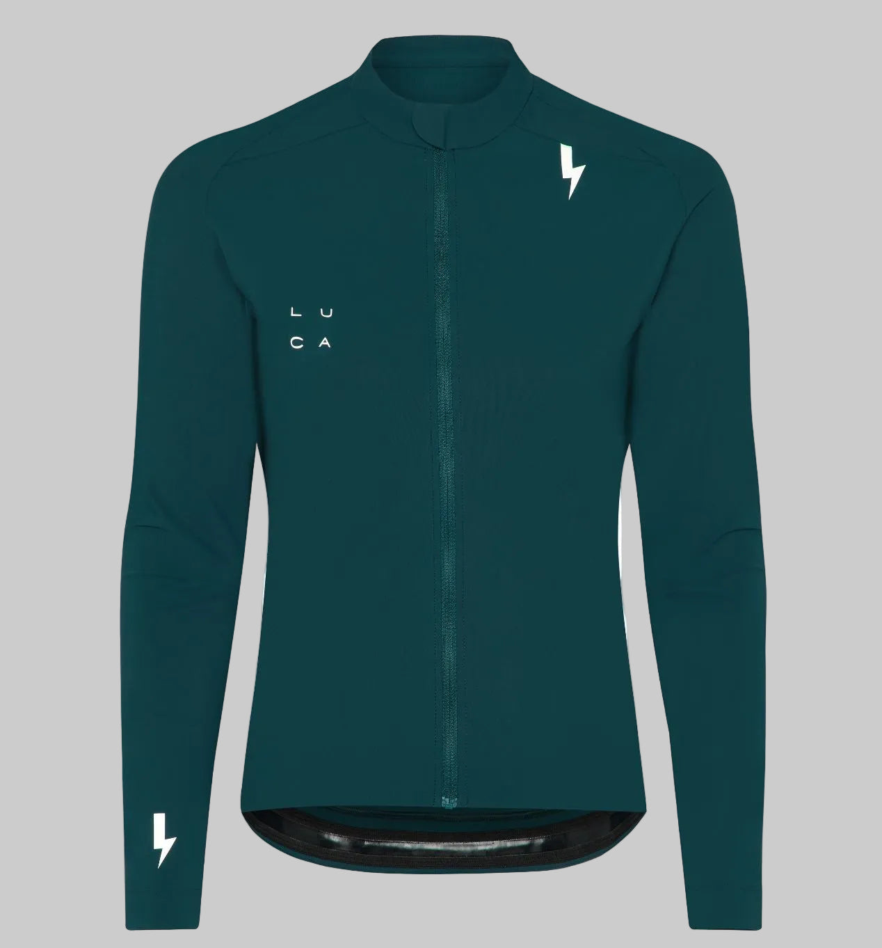 Front-view-of-a-teal-long-sleeve- full-zip-cycling-jersey-with-the-LUCA-logo-on-the-chest-and-a- white-lightning-bolt-graphic-on-the- shoulder