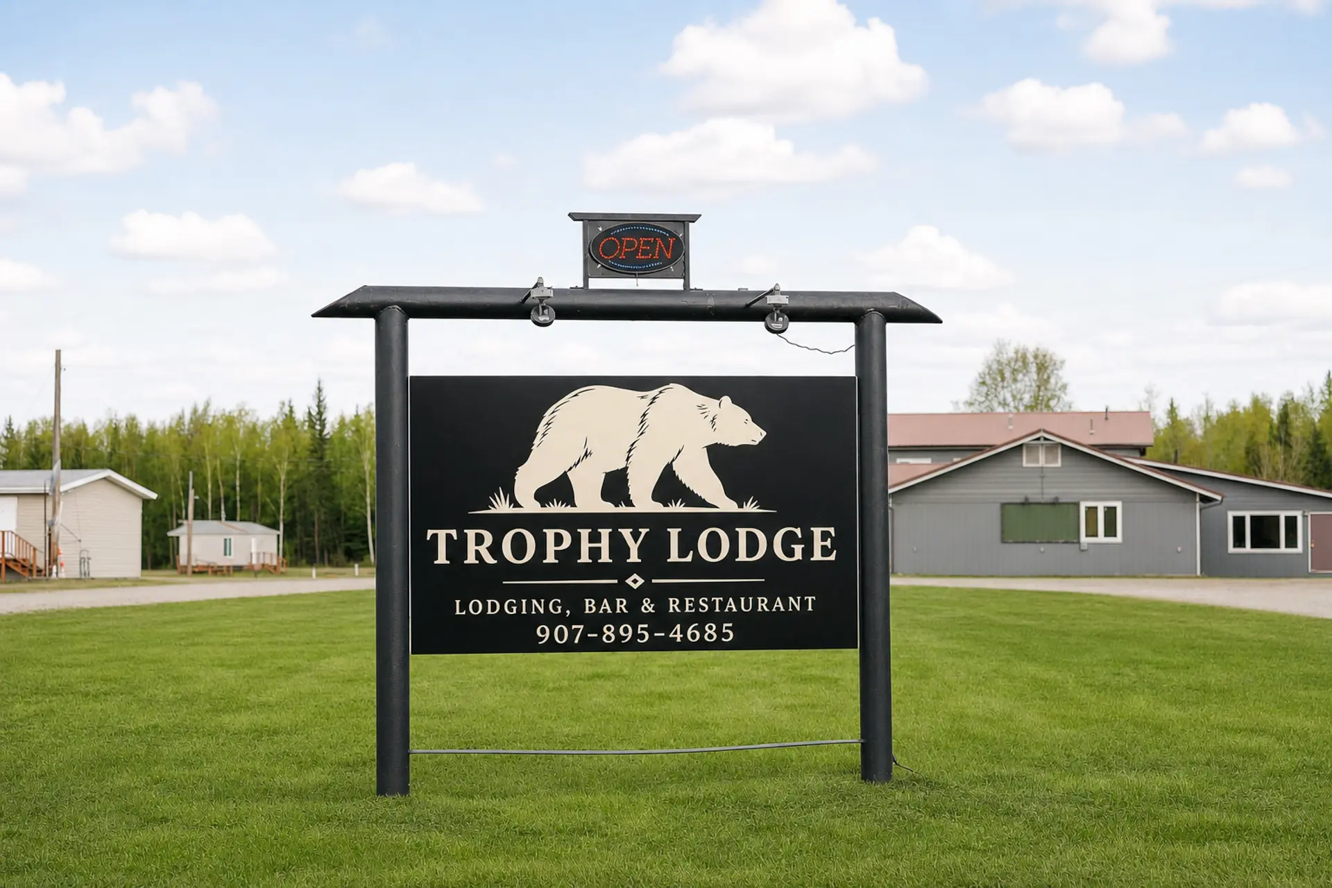 Trophy Lodge roadside sign for lodging, bar, and restaurant.