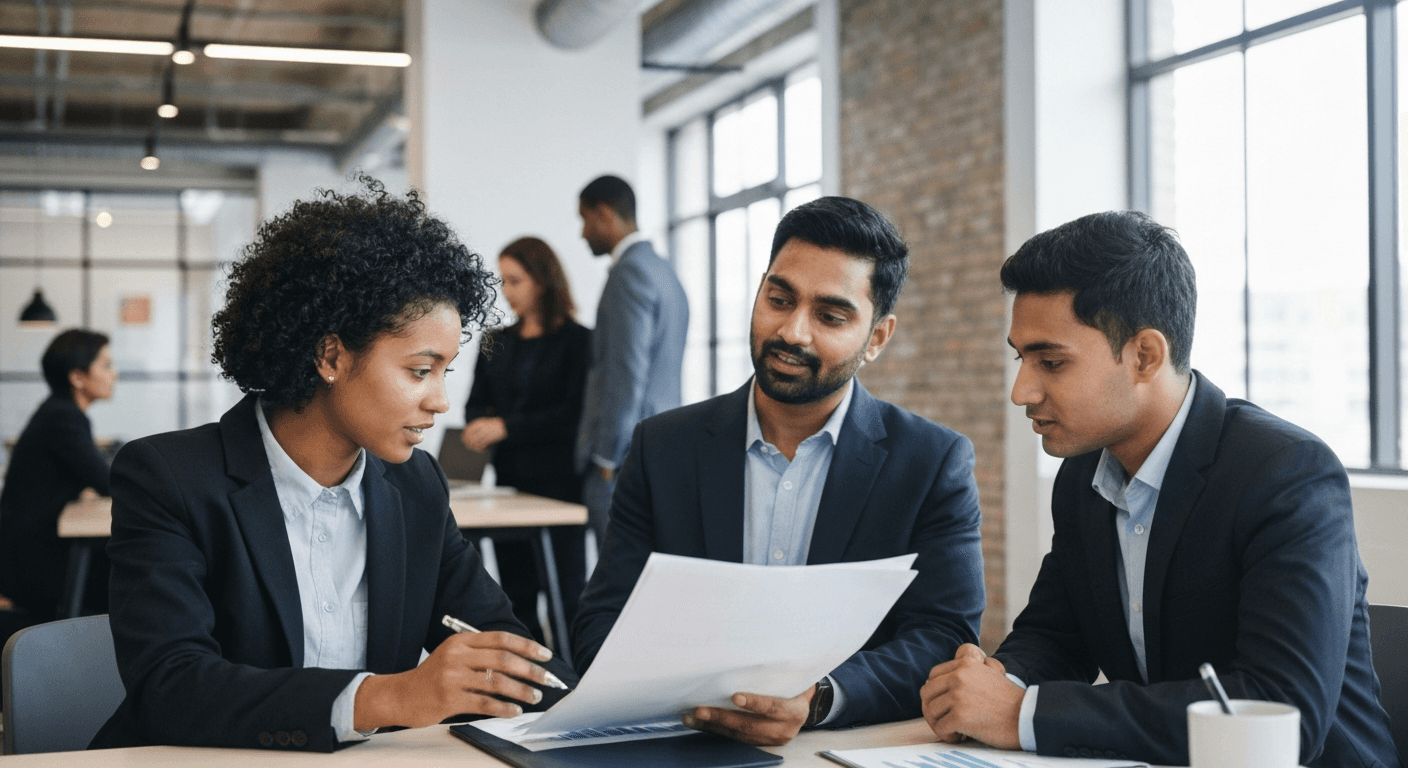 Team reviews MSA contract in office