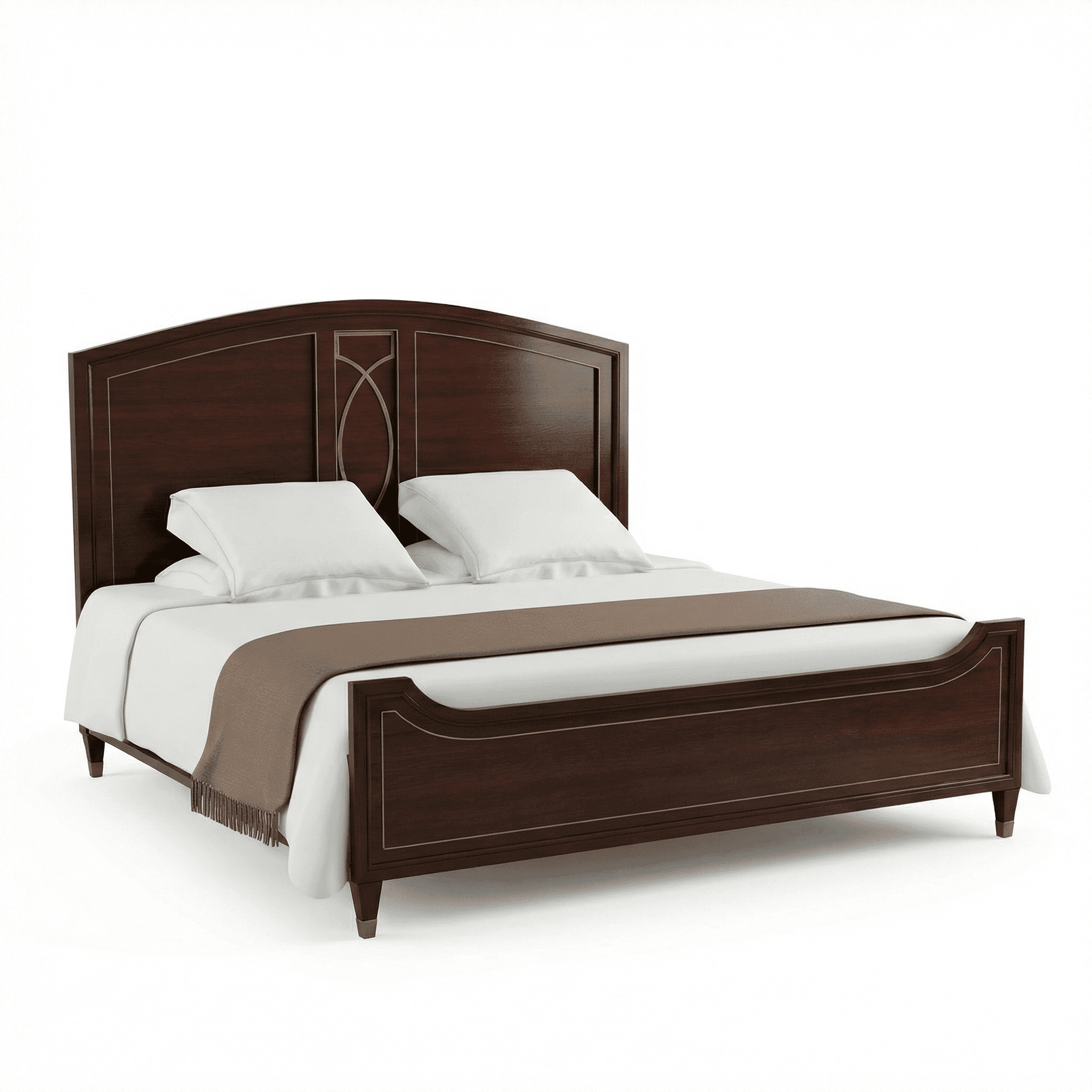 Wooden bed with gently curved headboard, smooth finish, and enclosed frame design