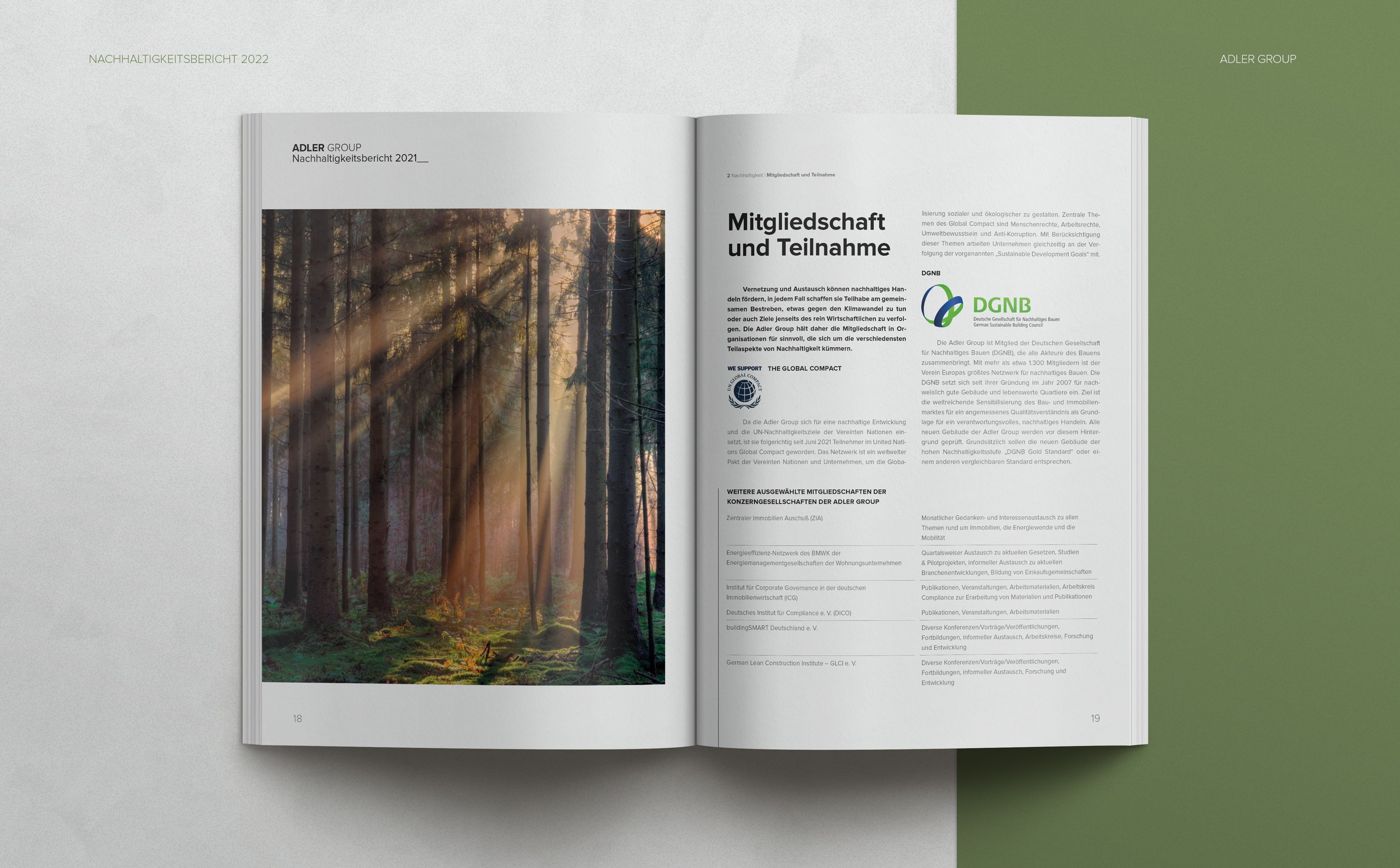 Doppelseite aus dem Nachhaltigkeitsbericht der Adler Group – reduziertes, typografisch fein abgestimmtes Layout