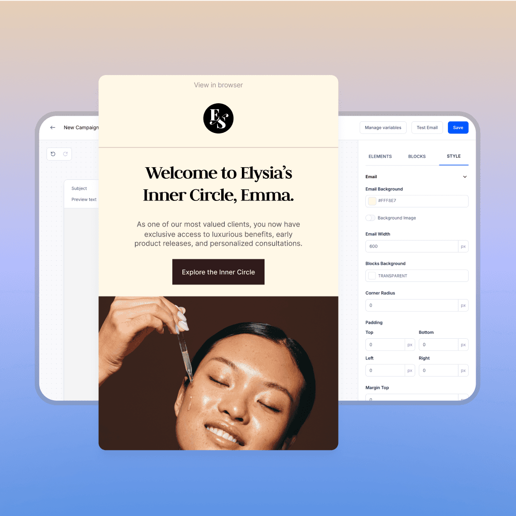 Interface de l'éditeur d'e-mails avec un assistant de ligne d'objet pour Elysia Skincare, proposant une promotion de 15 % de réduction et des options de mise en page personnalisables.