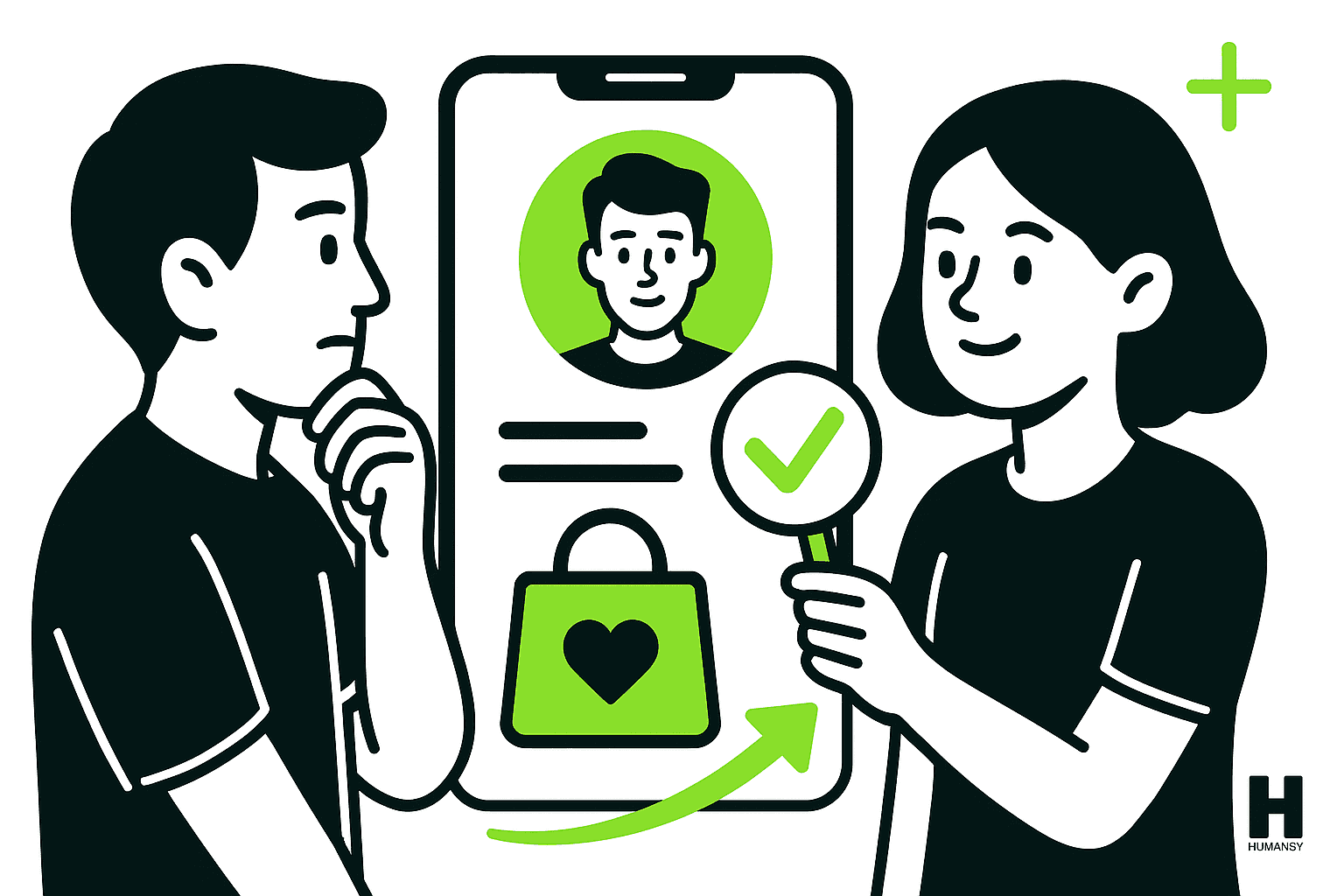Two individuals examine a profile on a smartphone, featuring a photo of an influencer and a green heart lock symbol for verification.