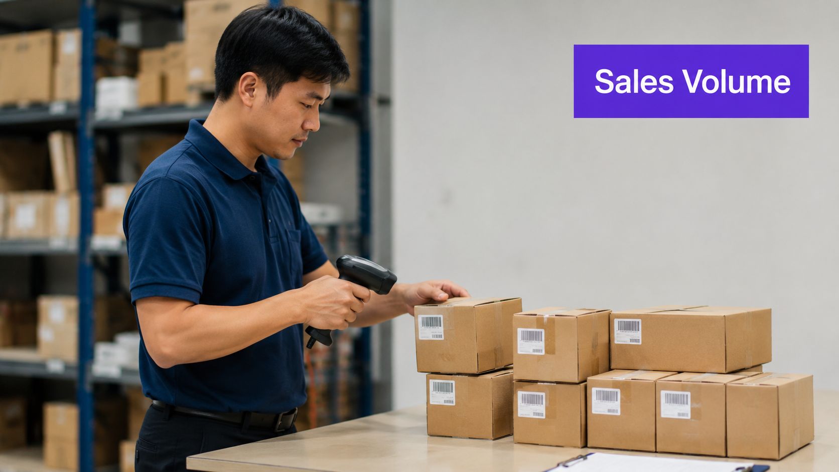 A warehouse worker scans barcodes on cardboard packages on a table to monitor product sales volume.