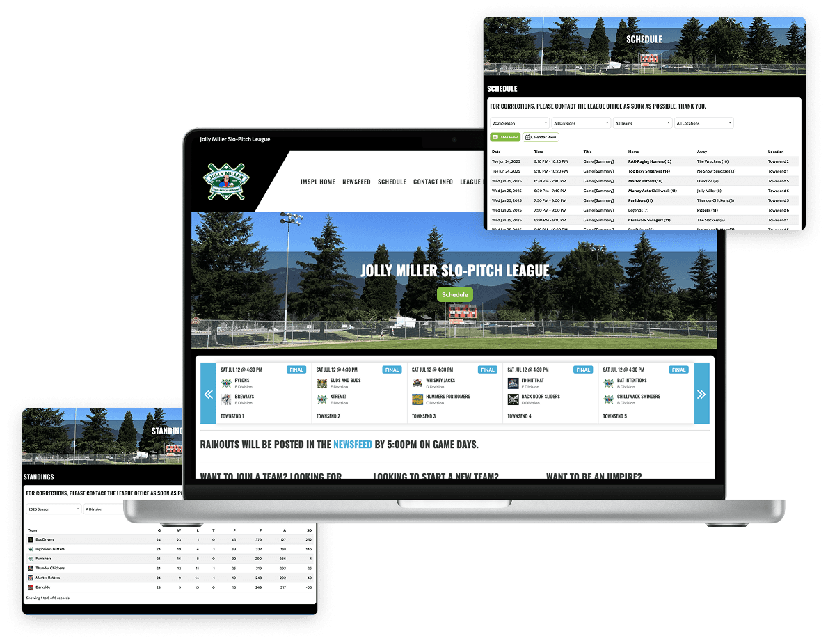 Slo-Pitch League Website Screenshots