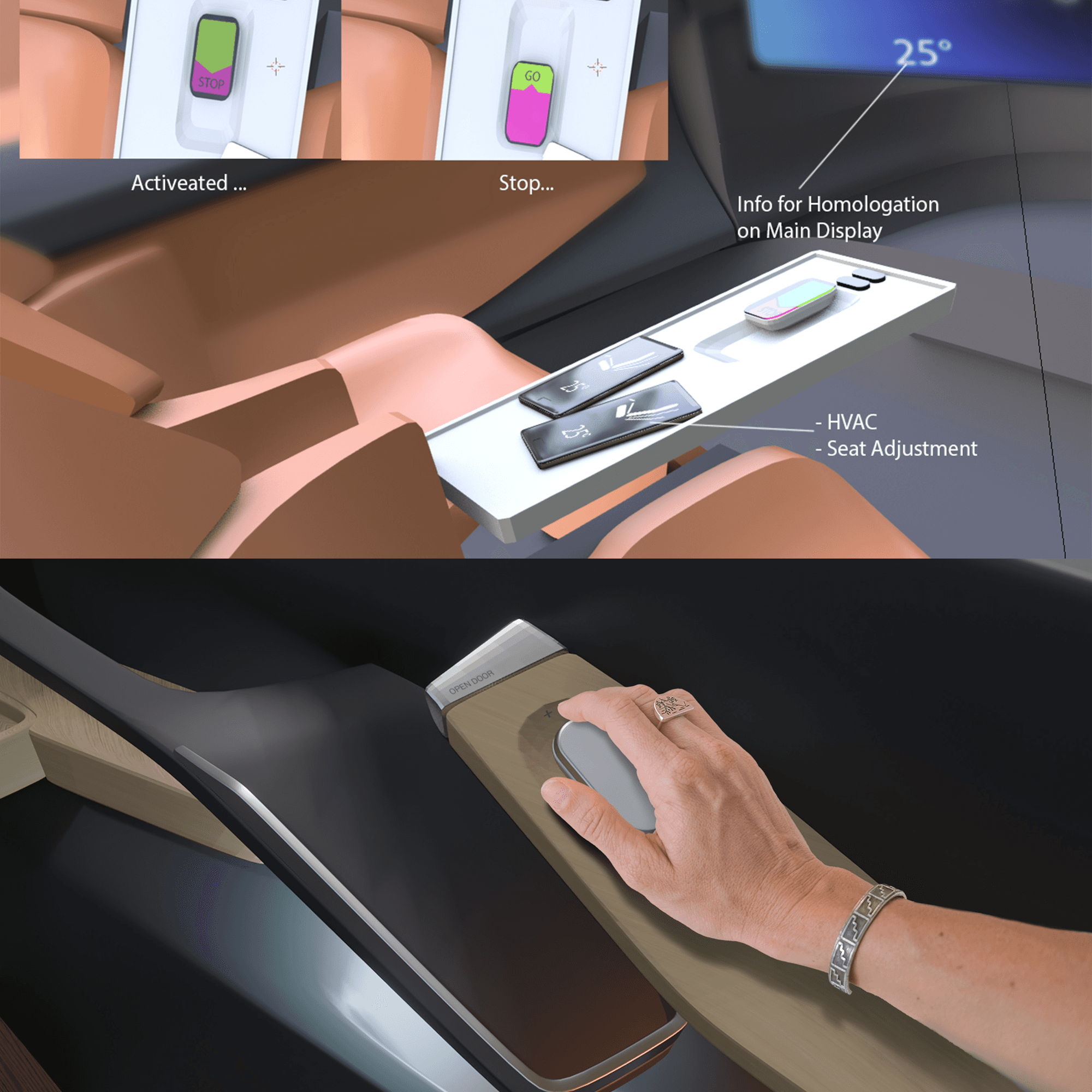 Hand holding device in car. App screens and mobile on centre console.