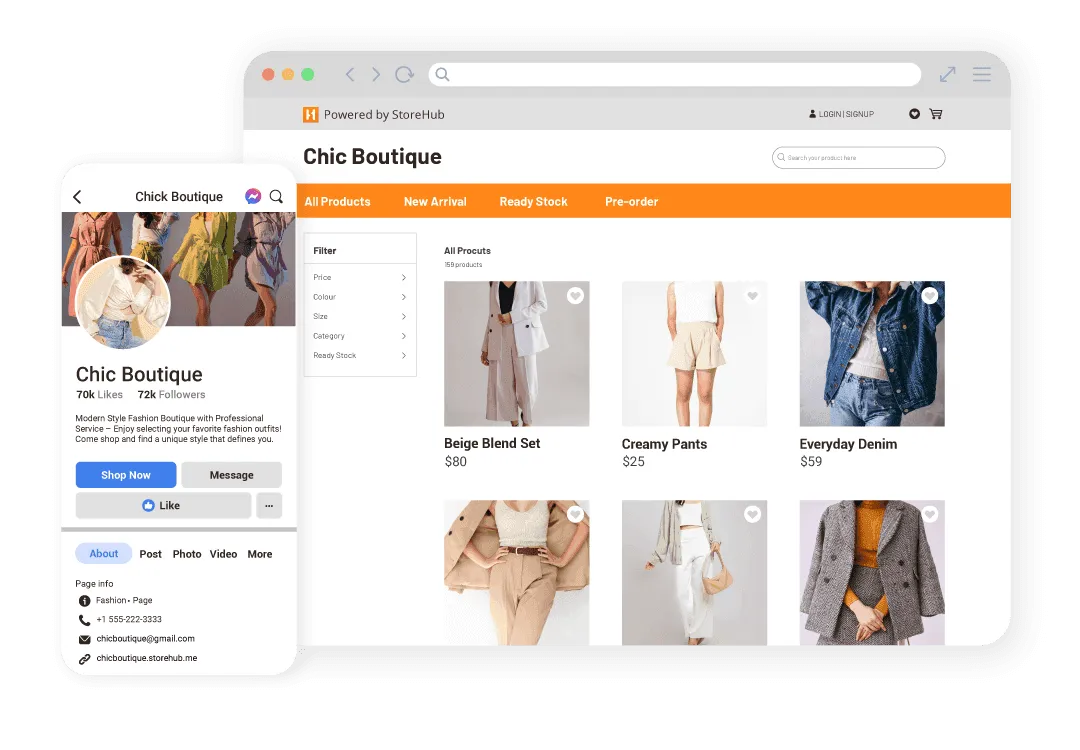 StoreHub webstore displaying an online retail product catalogue with pricing and social media storefront integration.