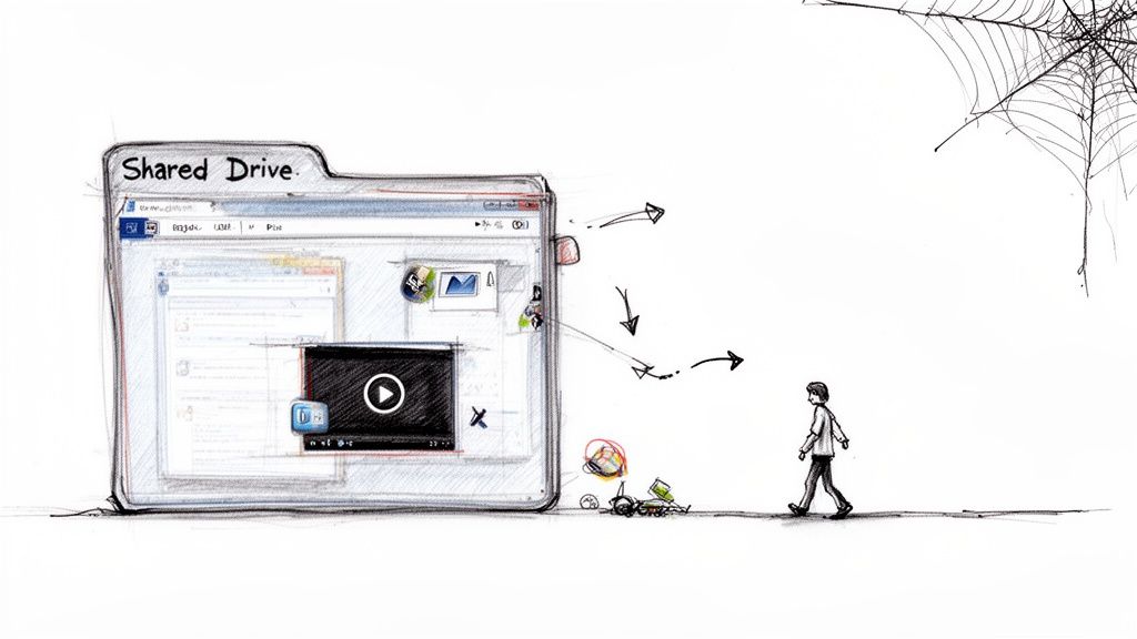 Illustration showing a 'Shared Drive' folder overflowing with digital files, while a person walks away, symbolizing data management issues.