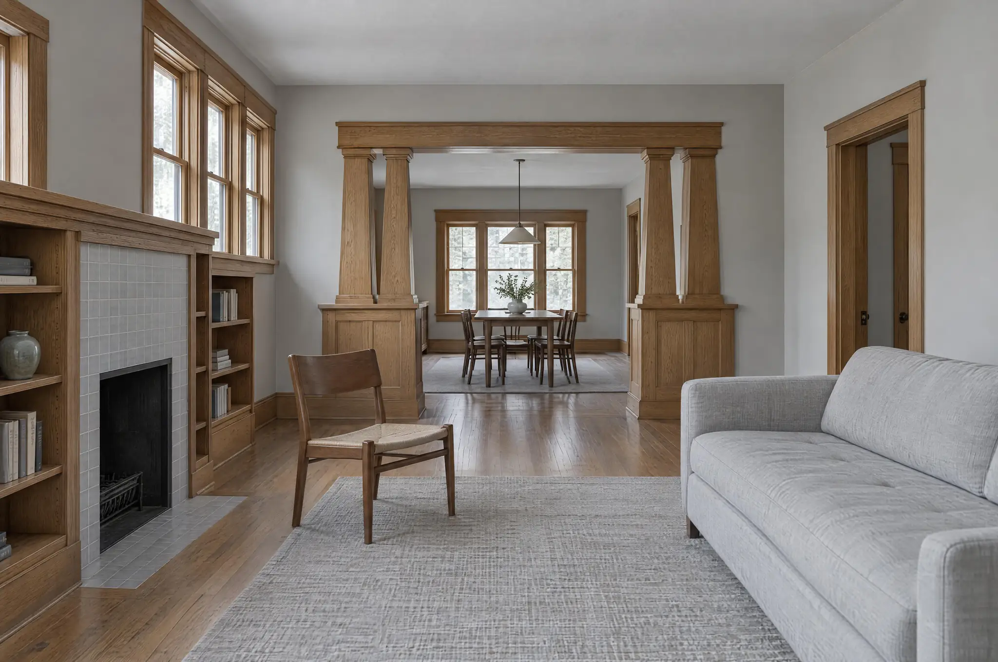 Living room of the Linden Hills Bungalow with its original oak colonnade