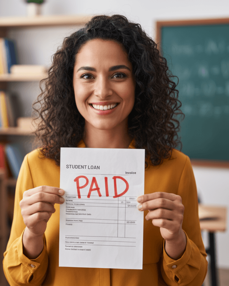 Smiling woman holding a document stamped **STUDENT LOAN PAID OFF**, symbolizing financial freedom with Kina