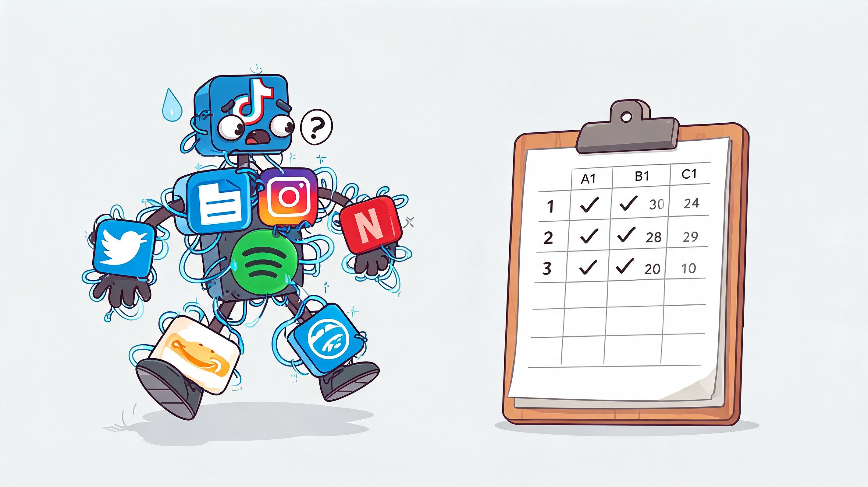 A robot tangled in social media application icons next to a clipboard showing a task schedule.