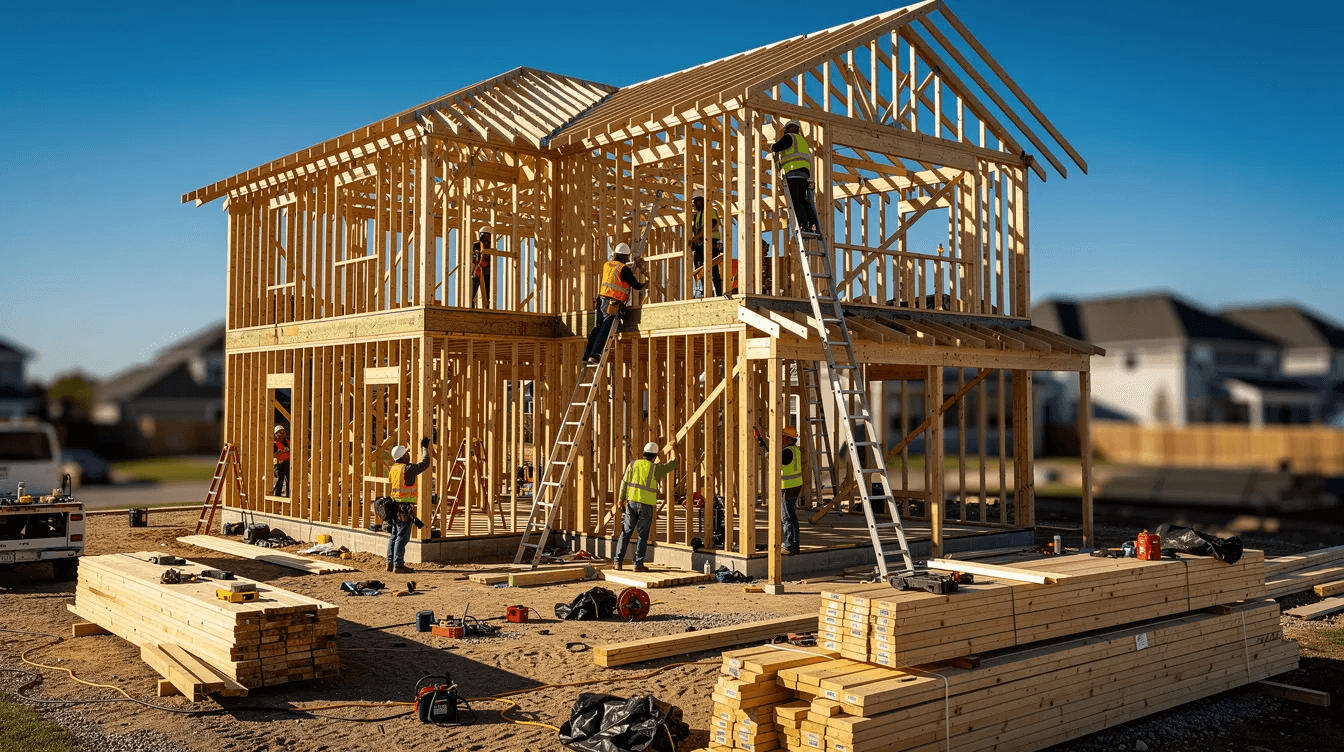 The image depicts a busy residential construction site where industry professionals are actively framing a wooden house structure under a clear blue sky. This scene highlights the commitment of home builders to quality craftsmanship and the creation of energy-efficient custom homes in the community.