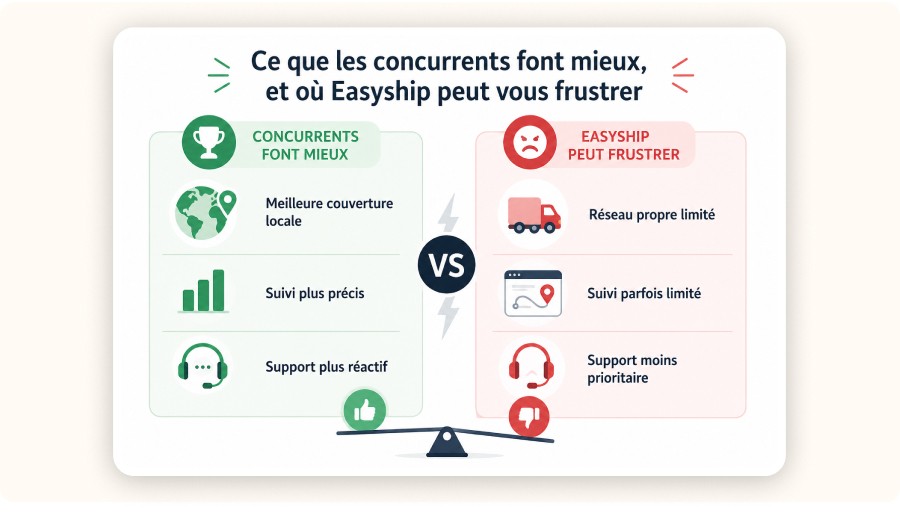 Comparaison concurrents et Easyship, avantages et limites simplifiés visuellement&nbsp;