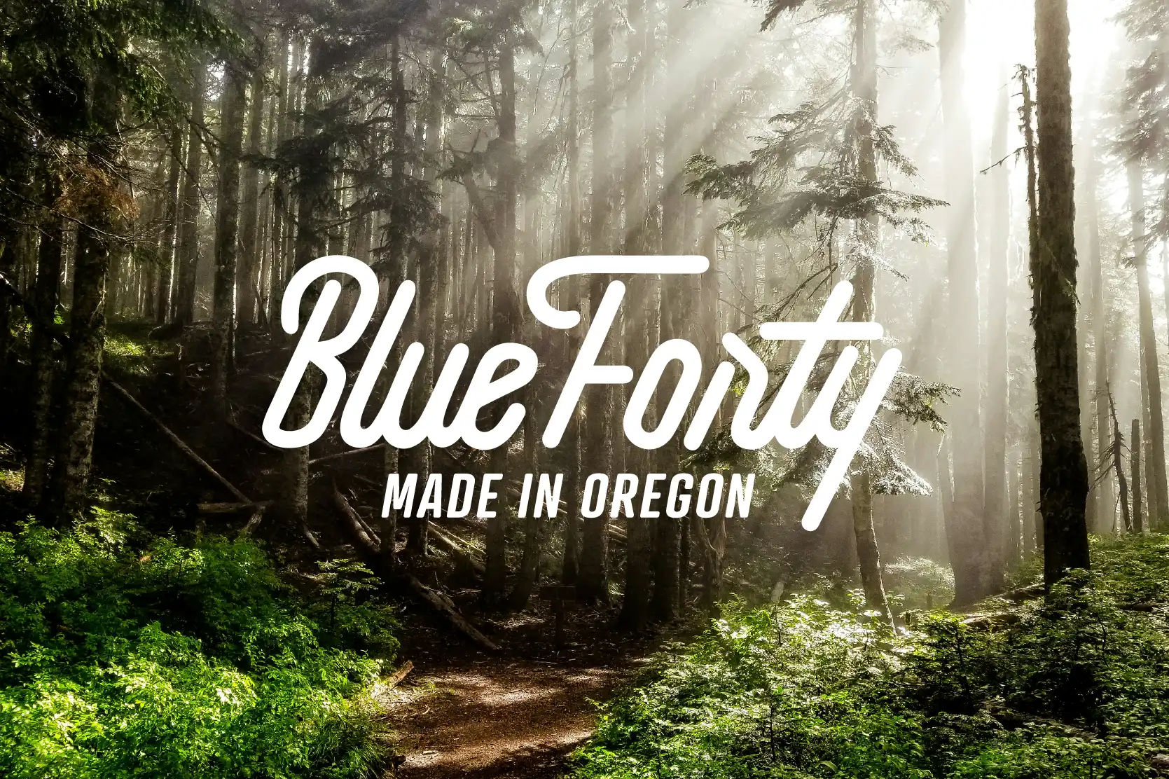 Blue Forty primary logo with “Made in Oregon” tagline over a forest trail photo, featuring sunlight streaming through green trees and bushes.