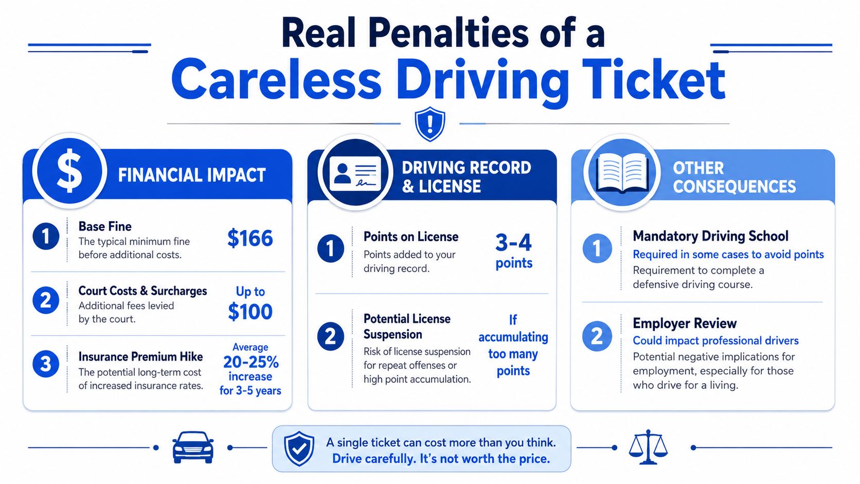 An infographic detailing the various financial, license, and employment consequences associated with a careless driving ticket.