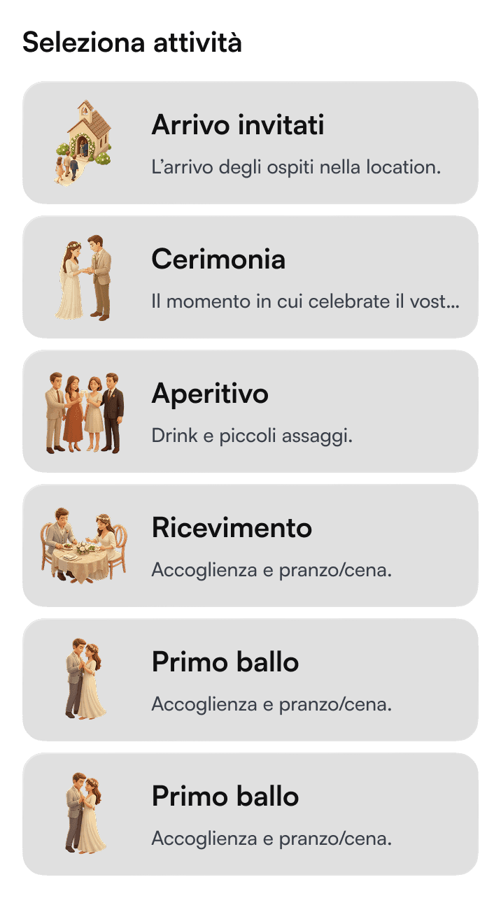 Schermata dell’app di togevent con selezione delle attività, per organizzare il programma dell’evento in modo semplice.