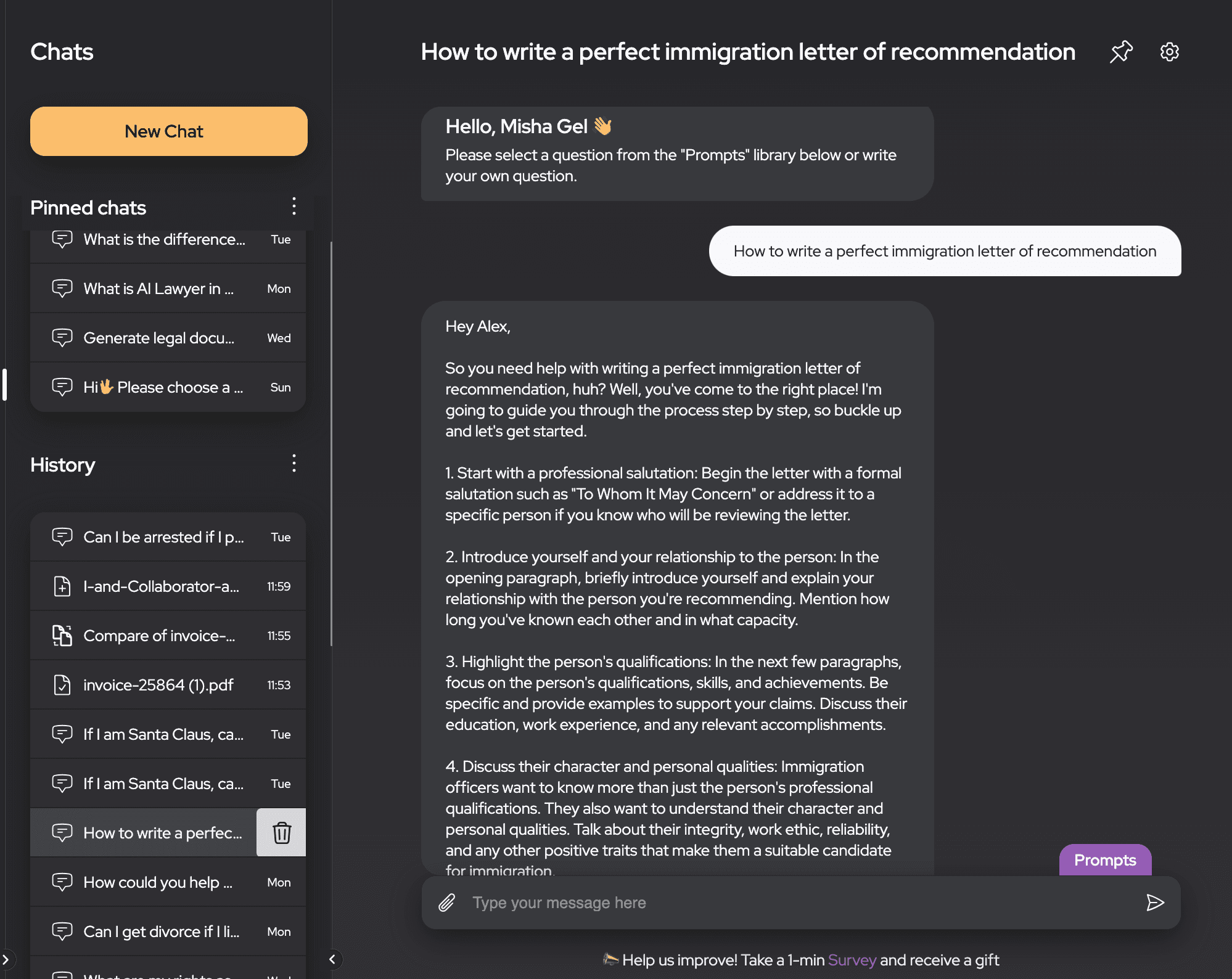  An online chat interface providing guidance on writing a perfect immigration letter of recommendation, with a sidebar featuring chat history and pinned conversations.