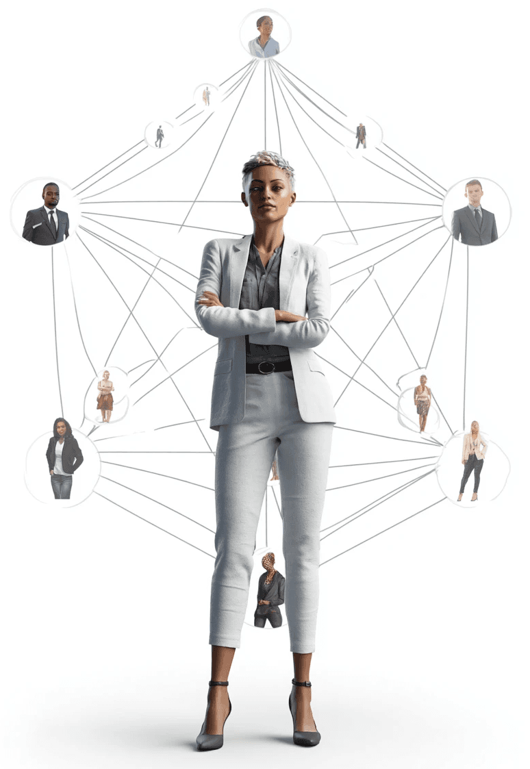 An L&D consultant stands in a network, illustrating the stakeholder analysis process. This image introduces the Power-Interest Grid as a key project management tool for stakeholder mapping.