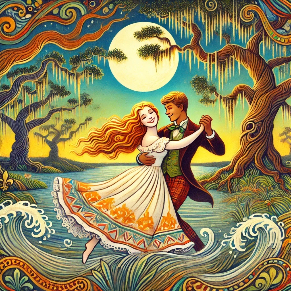 Evangeline and Sam waltzing under the moonlight