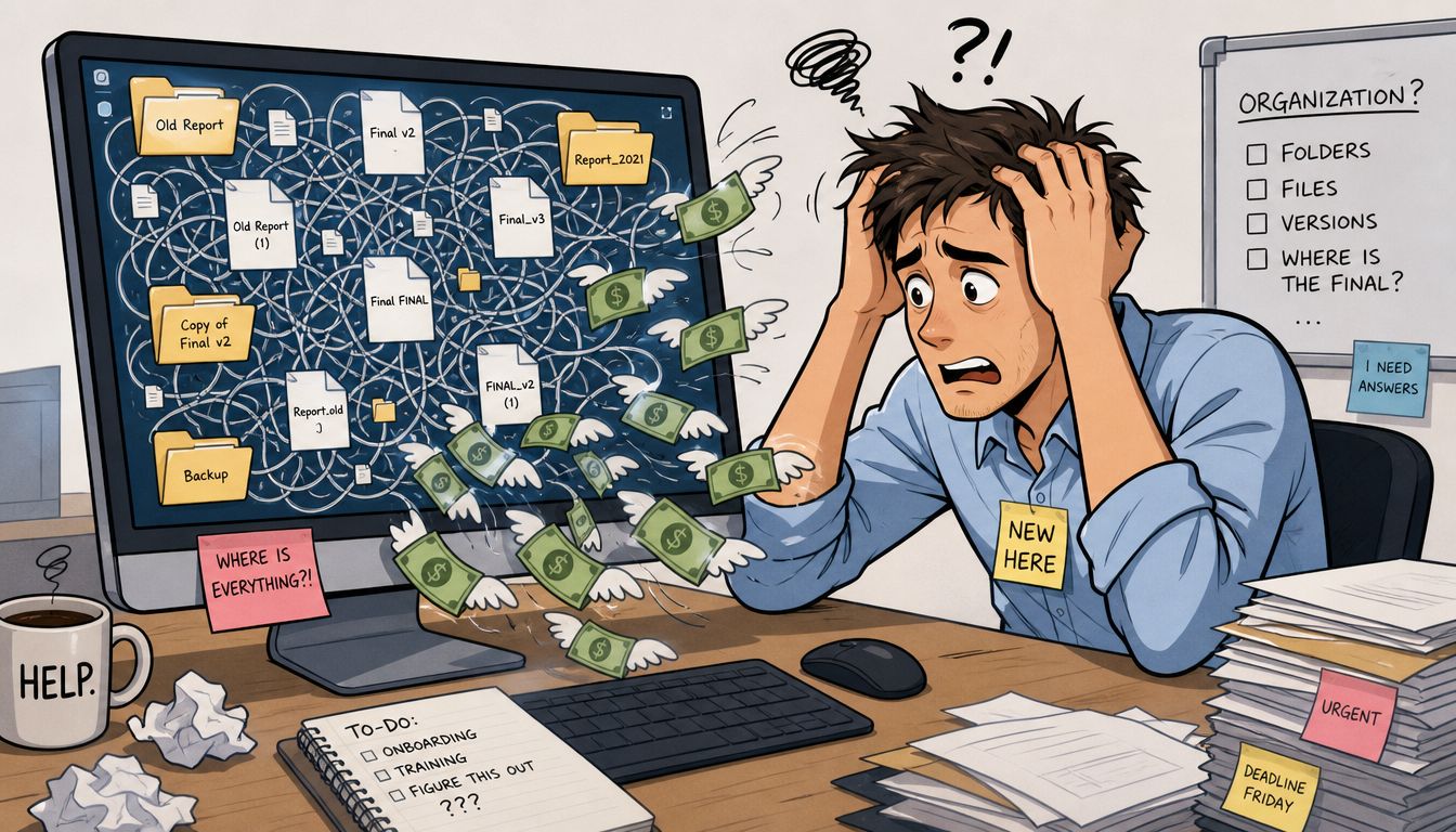 A stressed new employee feeling overwhelmed by disorganized digital files and chaotic data management at work.