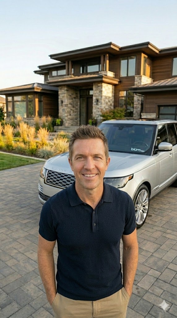 Woman standing in front of her white honda minivan and her modern house