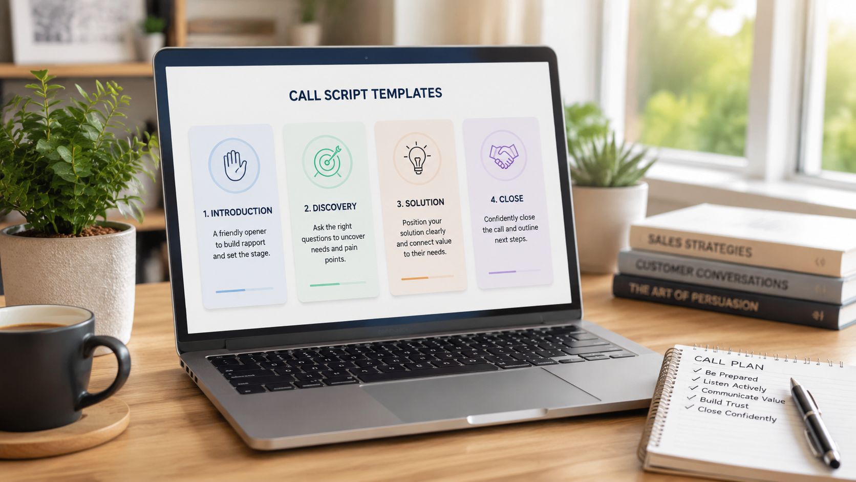 A laptop on a wooden desk displaying a four-step sales call script template for business professionals.