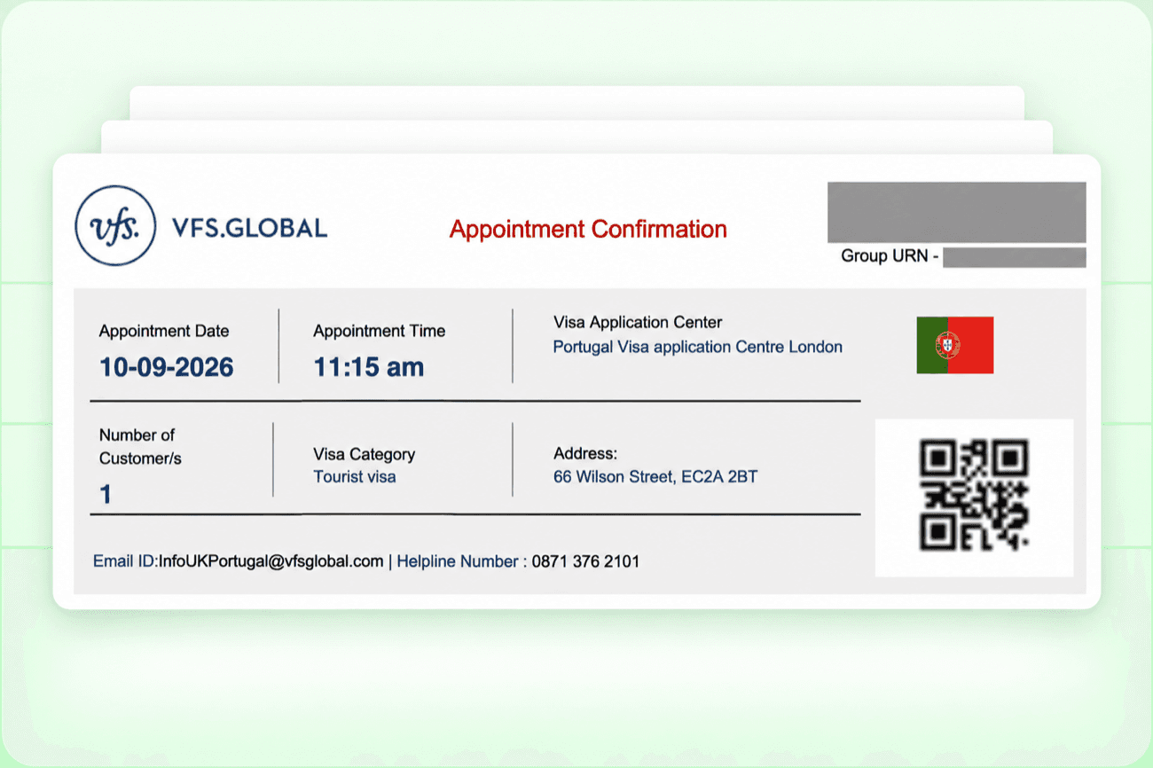 A confirmed VFS Global appointment (Portugal, London), booked by Visard and delivered in Telegram
