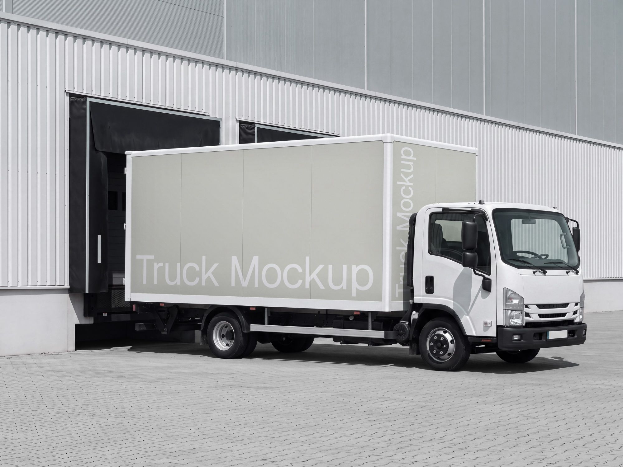 Commercial delivery truck mockup at an industrial loading dock
